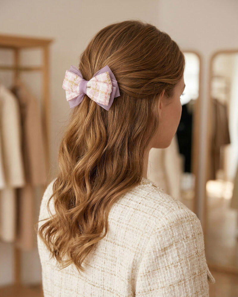 Pink Tweed & Gold Thread Bow